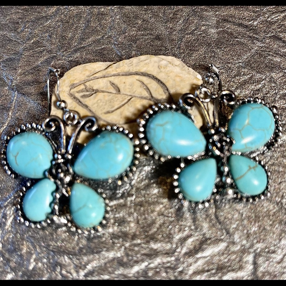 Faux Silver & Turquoise Butterfly Earrinogs